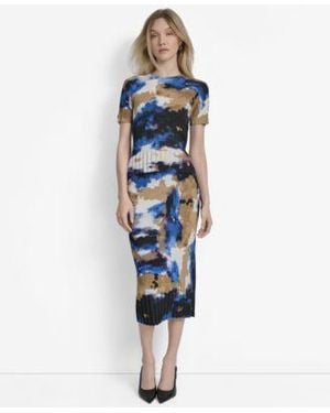 DKNY Printed Mix Rib Short Sleeve Sweater Printed Rib Knit Midi Skirt - Blue