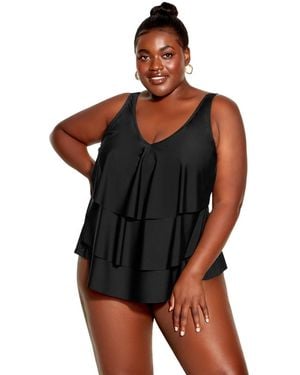 Avenue Plus Size V Tiered Tankini Top - Black