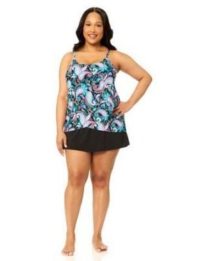 Island Escape Plus Size Scoop Neck Cape Town Tankini Top Skirt - Blue