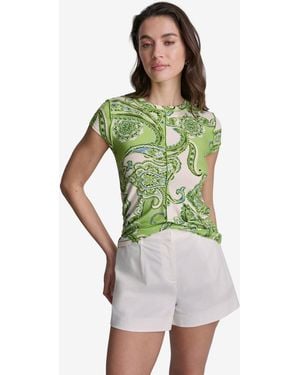 BCBGMAXAZRIA Paisley Print Crewneck Cap-sleeve Top - Green