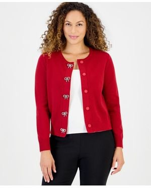 Anne Klein Essentials Petite Crewneck Embellished Bow Snaps Cardigan - Red