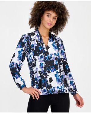Kasper V Neck Pleated Shoulder Blouse - Blue