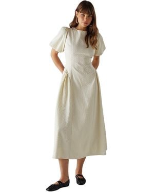 Warehouse Seersucker Puff Sleeve Midi Dress - Natural
