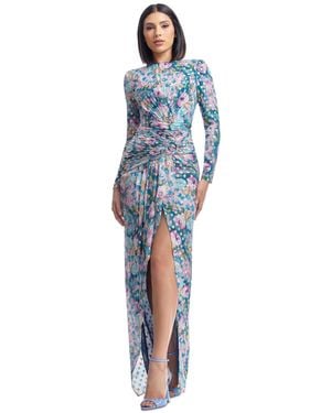 Dress the Population Romera Printed Foil Dot Long-sleeve Gown - Blue