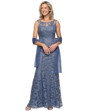 Alex Evenings Long Embroidered Sleeveless Dress - Blue