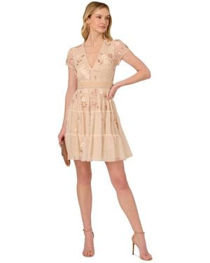 Adrianna Papell V-neck Beaded Mesh Minidress - Natural