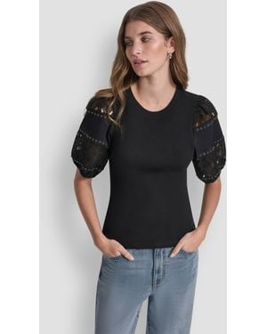 DKNY Petite Crewneck Lace Eyelet Top - Black