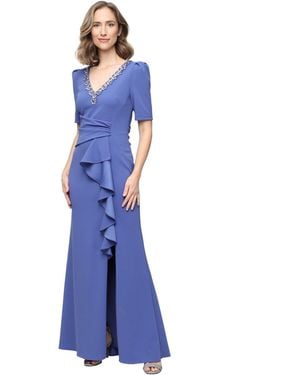 Alex Evenings Embellished V Neck Ball Gown - Blue