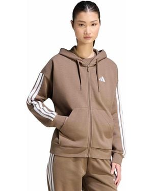 adidas 3-stripe Fleece Full Zip Hoodie - Brown