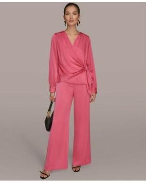 Donna Karan Faux Wrap Long Sleeve Top Wide Leg Pants - Pink