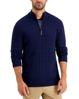 Club Room Cable Knit Quarter-zip Cotton Sweater - Blue