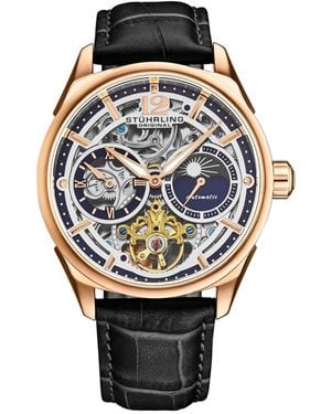 Stuhrling Vanguard 1019.04 Legacy Collection Dual Time Automatic Skeleton Watch 42mm Gold Tone Black Dial Leather Strap - Gray