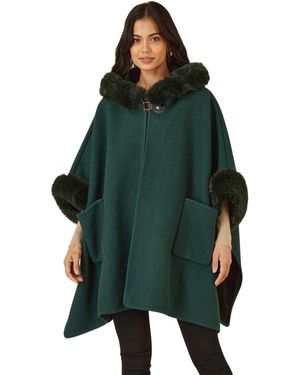 Yumi' Hooded Fur Cape Jacket - Green