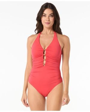Carmen Marc Valvo Beaded Plunge One-piece Swimsuit - Red