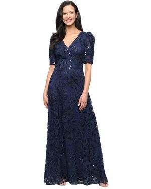 Alex Evenings V-neck Long Embroidered Dress - Blue
