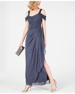 Alex Evenings Glitter Cold Shoulder Evening Dress - Blue