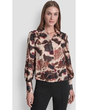 DKNY Covered Placket Long Balloon Sleeve Woven Blouse - Multicolor
