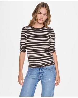 DKNY Striped Puff-sleeve Crewneck Sweater - White