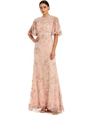 Mac Duggal Petite Flutter Sleeve Floral Embroidered Net Gown - Pink