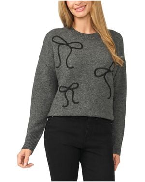 Cece Bow Embroidery Long-sleeve Crewneck Sweater - Gray
