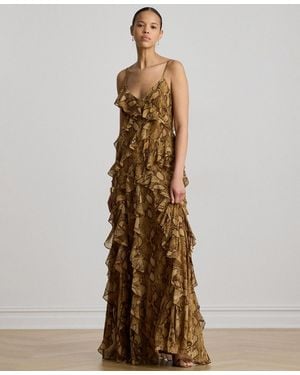 Ralph Lauren Python-print Ruffle-trim Georgette Gown - Natural