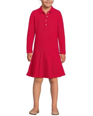 Lands' End School Uniform Girls Long Sleeve Mesh Pleated Polo Dress - Red