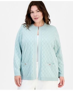 Kasper Plus Size Kiss-front Diamond Stitch Cardigan - Blue