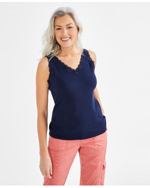 Style & Co. Lace-trim Cotton Tank Top - Blue