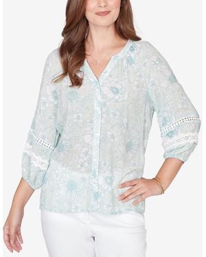 Ruby Rd. Petite Floral Silky Gauze Peasant Top - Gray