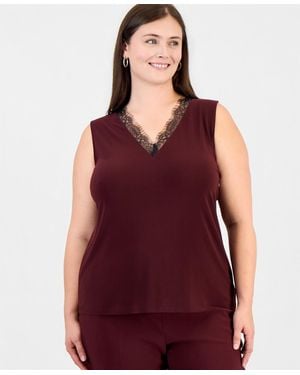 Anne Klein Plus Size V-neck Lace-trim Tank - Red