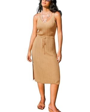 CUPSHE Caramel Ribbed Knit Drawstring Waist Midi Dress - Natural