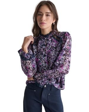 BCBGMAXAZRIA Printed High-neck Long-sleeve Top - Blue