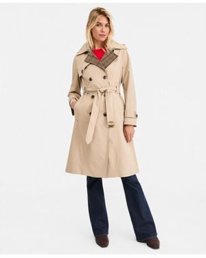 London Fog Plaid-collar Belted Trench Coat - Natural