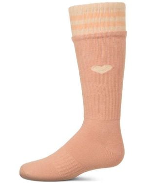 Memoi Girls Ribbed Cotton Blend "heart And Stripes" Knee Sock - Natural