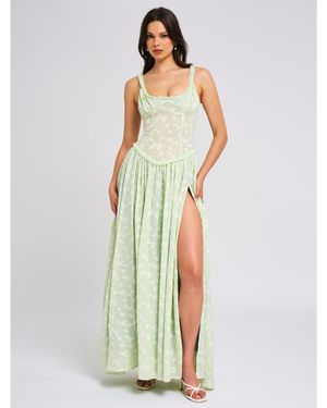Miss Circle Ulissa Light Green Square Neck Jacquard Textured High Slit Maxi Dress - White