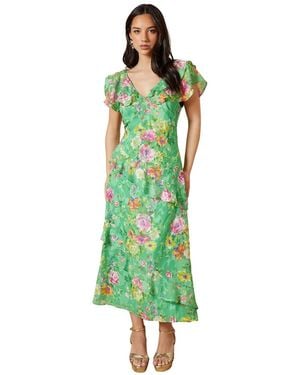 Oasis Ruffle Sleeve Jacquard Midi Dress - Green