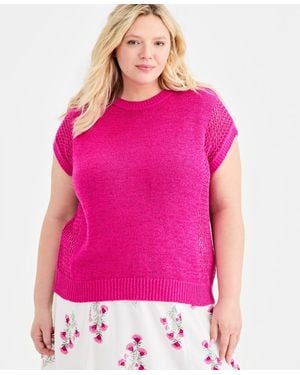 Style & Co. Plus Size Mixed Open-stitch Dolman-sleeve Sweater - Pink