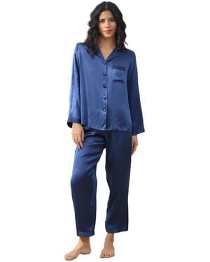 SILKSILKY Long Sleeve Button-up Satin Pajama Set - Blue
