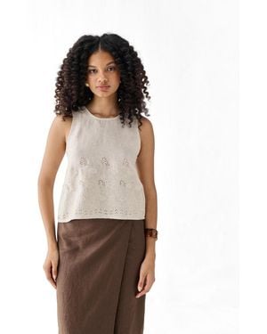 REISTOR Checkered Linen Embroidered Button-back Top - Brown