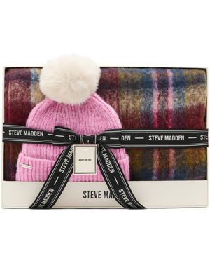 Steve Madden English Plaid 2-piece Beanie And Scarf Set - Pink