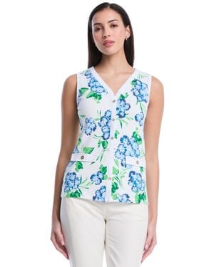 Rafaella Petite Pom Floral Print Button Front Sleeveless Tank Top - Blue