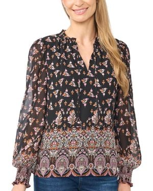 Cece V-neck Keyhole-tie Ruffle Long-sleeve Blouse - Brown