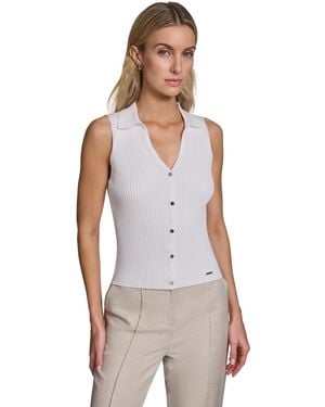 Calvin Klein Sleeveless Button-front Collared Sweater - White