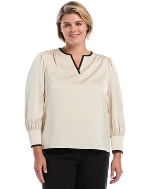 Rafaella Plus Size Satin Split-neck Long-sleeve Blouse - White