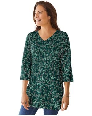 Woman Within Within Perfect Printed Three-quarter-sleeve V-neck Tunic - Green