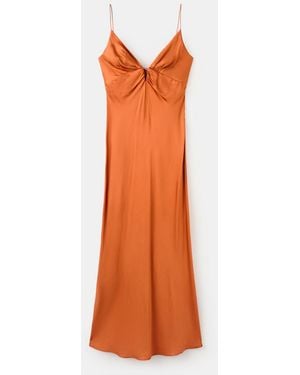 Mango Gathered V-neckline Satin Dress - Orange