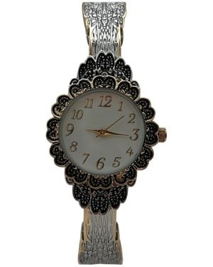 Olivia Pratt Elegant Flower Detailed Face Bangle Watch - Black