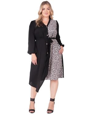 Standards & Practices Plus Size Asymmetrical Hem Button-up Wrap Lantern Sleeve Dress - Black
