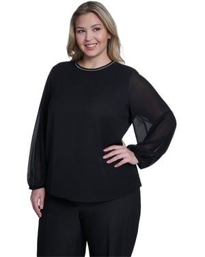 Calvin Klein Plus Size Crew Neck Long-sleeve Blouse - Blue