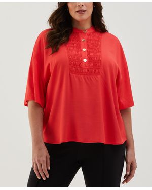 ELLA rafaella Plus Size Smocked Banded Collar Short Sleeve Top - Red